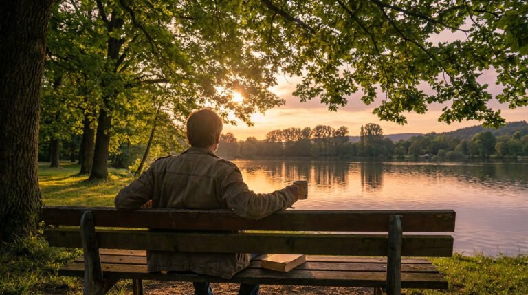 Vue de dos d'un homme sur un banc en bois face à un lac calme. Le soleil couchant filtre à travers les arbres, atmosphère sereine.