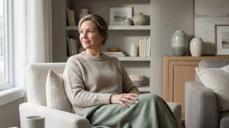 Femme d'âge mûr assise confortablement dans un fauteuil clair, couverte d'un plaid vert, regardant par la fenêtre avec un sourire serein.