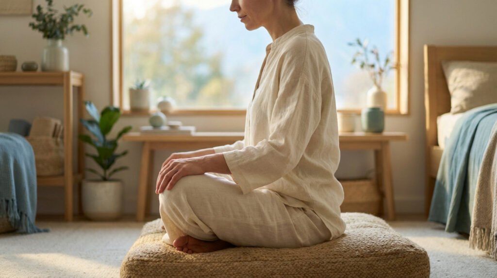 Femme en tailleur méditant sur un coussin beige dans une pièce lumineuse. Elle porte des vêtements amples. Ambiance calme.