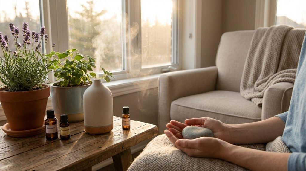 Une personne tenant une pierre, près d'un diffuseur d'huiles essentielles (lavande, camomille) et de plantes apaisantes. Lumière douce.