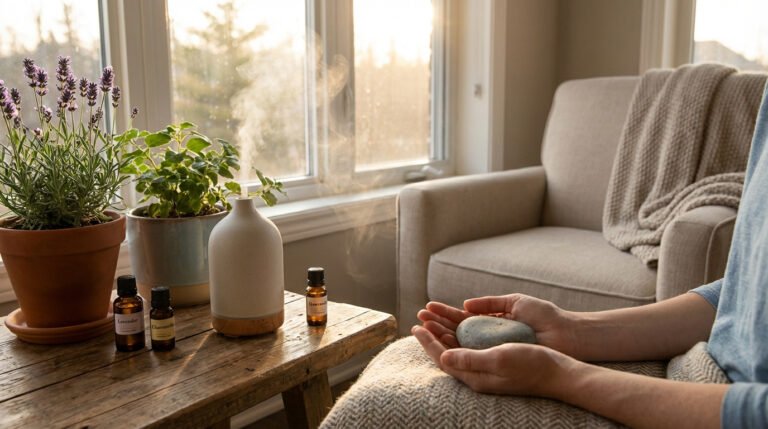 Une personne tenant une pierre, près d'un diffuseur d'huiles essentielles (lavande, camomille) et de plantes apaisantes. Lumière douce.