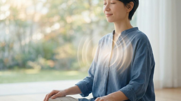 Femme aux yeux fermés en méditation, des ondes lumineuses émanent de sa poitrine, symbolisant la cohérence cardiaque. Fond nature flou.