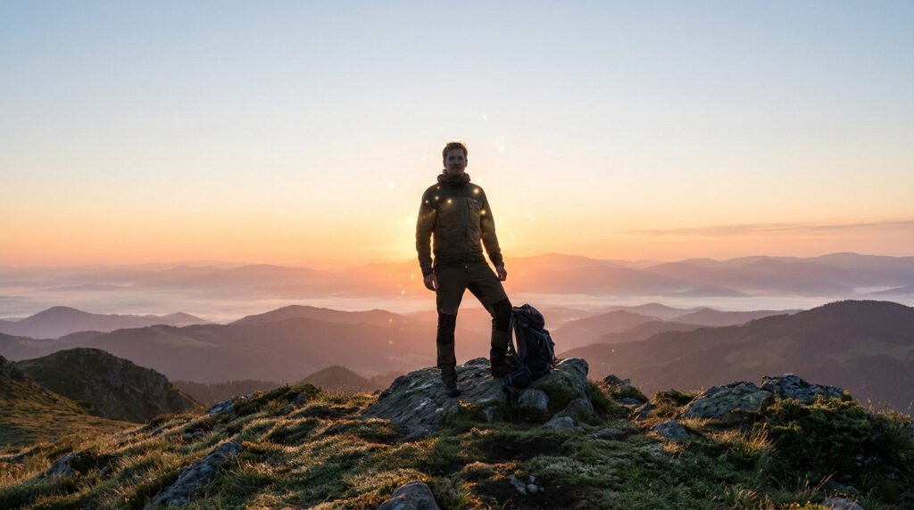 Un randonneur sur un sommet rocheux au lever du soleil, entouré d'une lueur dorée, avec des montagnes brumeuses à l'horizon.