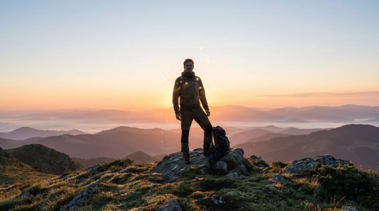 Un randonneur sur un sommet rocheux au lever du soleil, entouré d'une lueur dorée, avec des montagnes brumeuses à l'horizon.