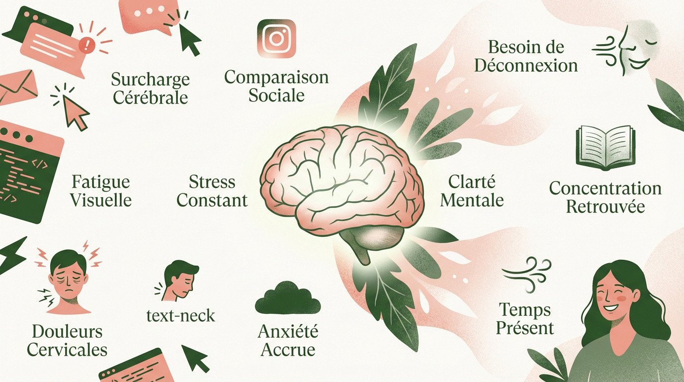 Comparaison entre un cerveau satur&eacute; par les &eacute;crans et la clart&eacute; mentale apr&egrave;s une d&eacute;connexion