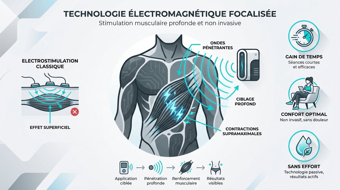 Appareil de Body Sculpt diffusant des ondes électromagnétiques sur la sangle abdominale