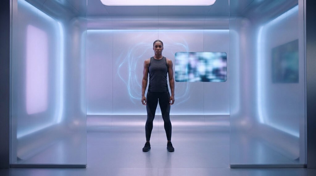 Femme athlétique debout dans une pièce futuriste lumineuse, avec des effets d'énergie bleue et un écran flottant.