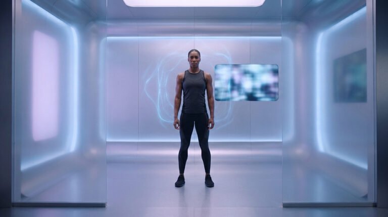Femme athlétique debout dans une pièce futuriste lumineuse, avec des effets d'énergie bleue et un écran flottant.
