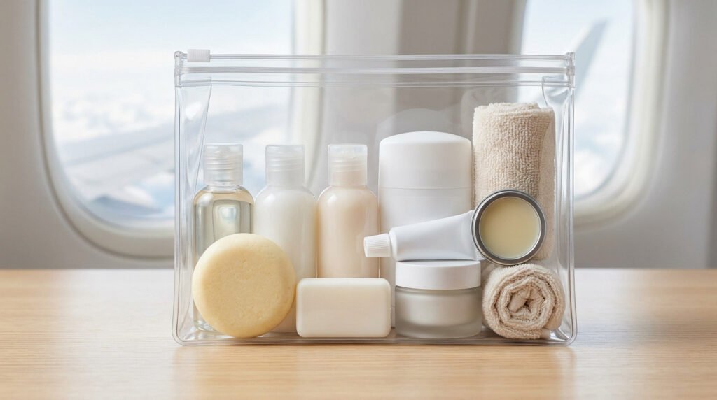 Trousse de toilette transparente pour avion remplie de mini flacons, savons et serviettes, posée sur une table devant un hublot.