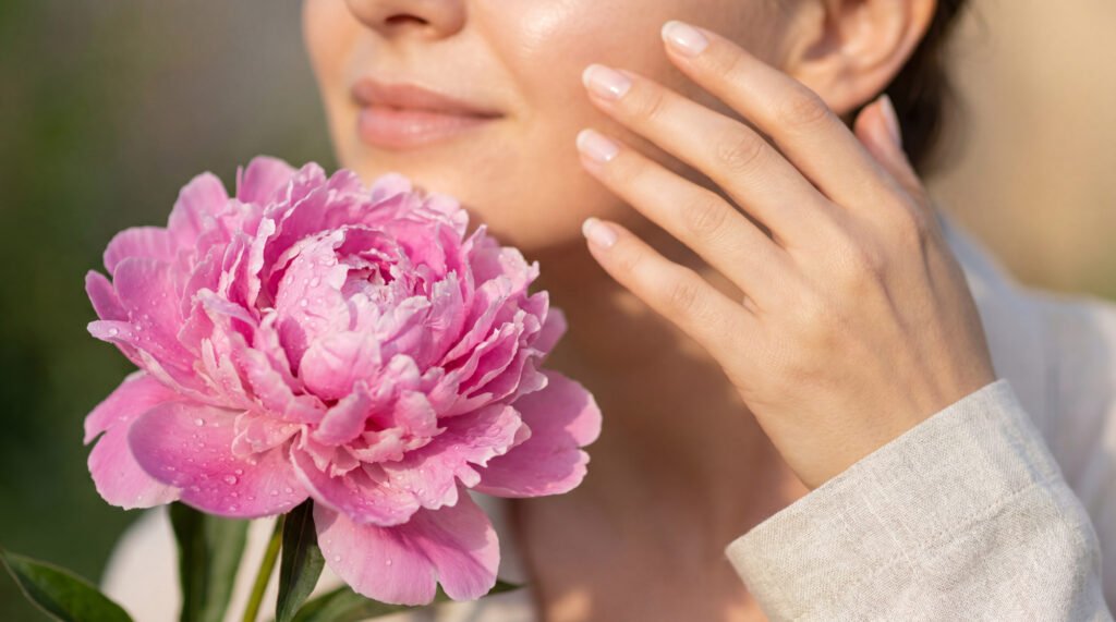 Une femme effleure délicatement son visage à côté d'une pivoine rose avec des gouttelettes d'eau.