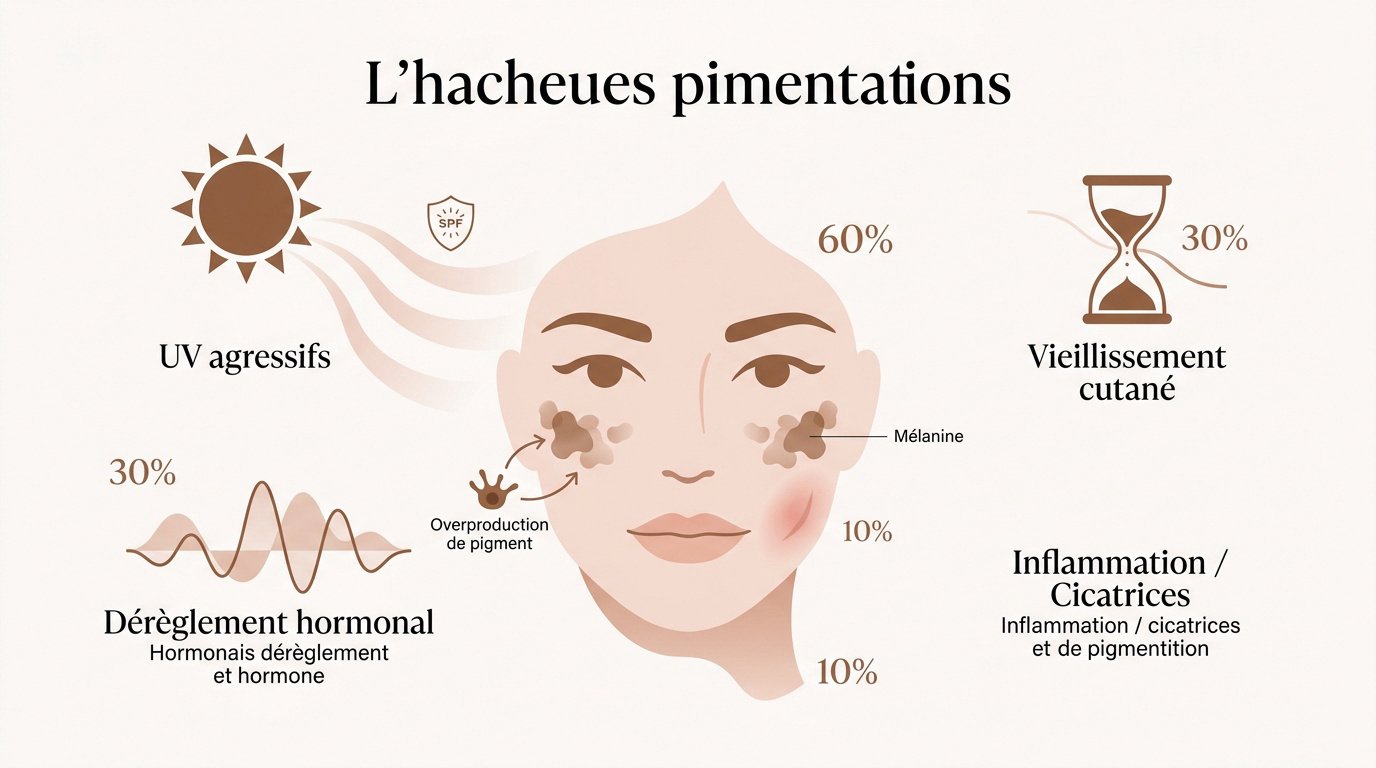 Schéma explicatif des mécanismes de l'hyperpigmentation cutanée et des rayons UV