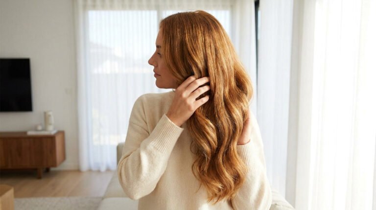 Femme aux longs cheveux roux ondulés touchant ses cheveux près d'une fenêtre lumineuse.