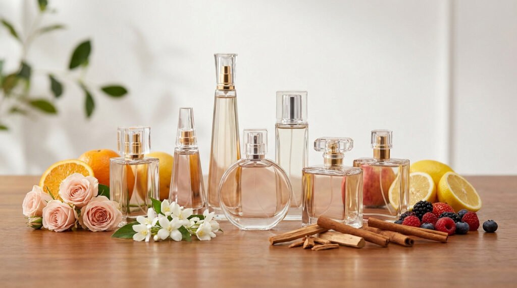 Sept flacons de parfum variés avec des agrumes, baies, roses, jasmin et cannelle, représentant les différentes notes olfactives.