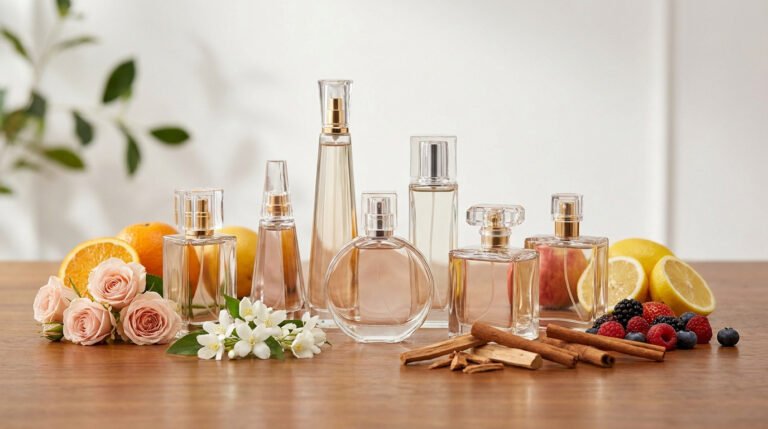 Sept flacons de parfum variés avec des agrumes, baies, roses, jasmin et cannelle, représentant les différentes notes olfactives.