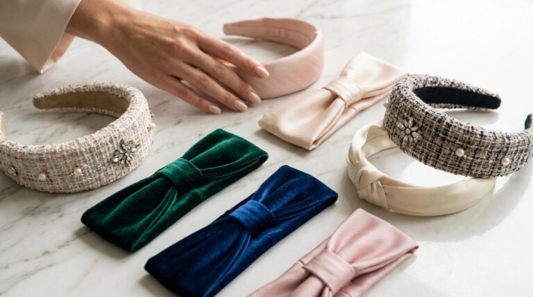 Sélection de bandeaux pour cheveux élégants en tissu et velours posés sur une table en marbre.