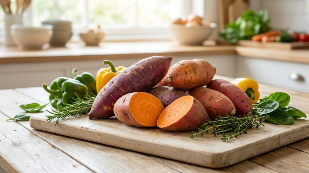 Patates douces fraîches, poivrons et herbes sur une planche à découper en bois dans une cuisine lumineuse.