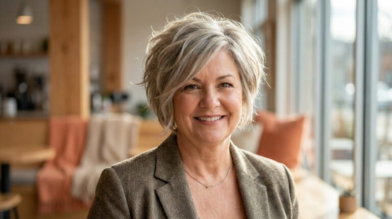 Femme de 50 ans au visage rond avec une coupe courte moderne et des cheveux poivre et sel, souriante.