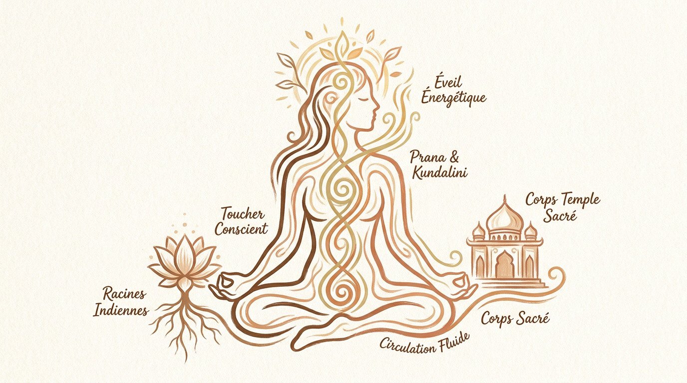 Représentation artistique de l'éveil énergétique et de la spiritualité corporelle indienne