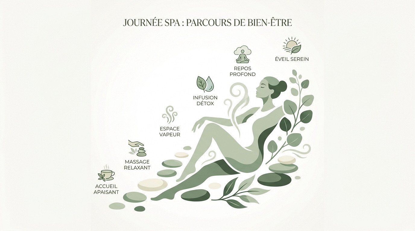 Parcours de détente dans un spa avec piscine et installations de bien-être
