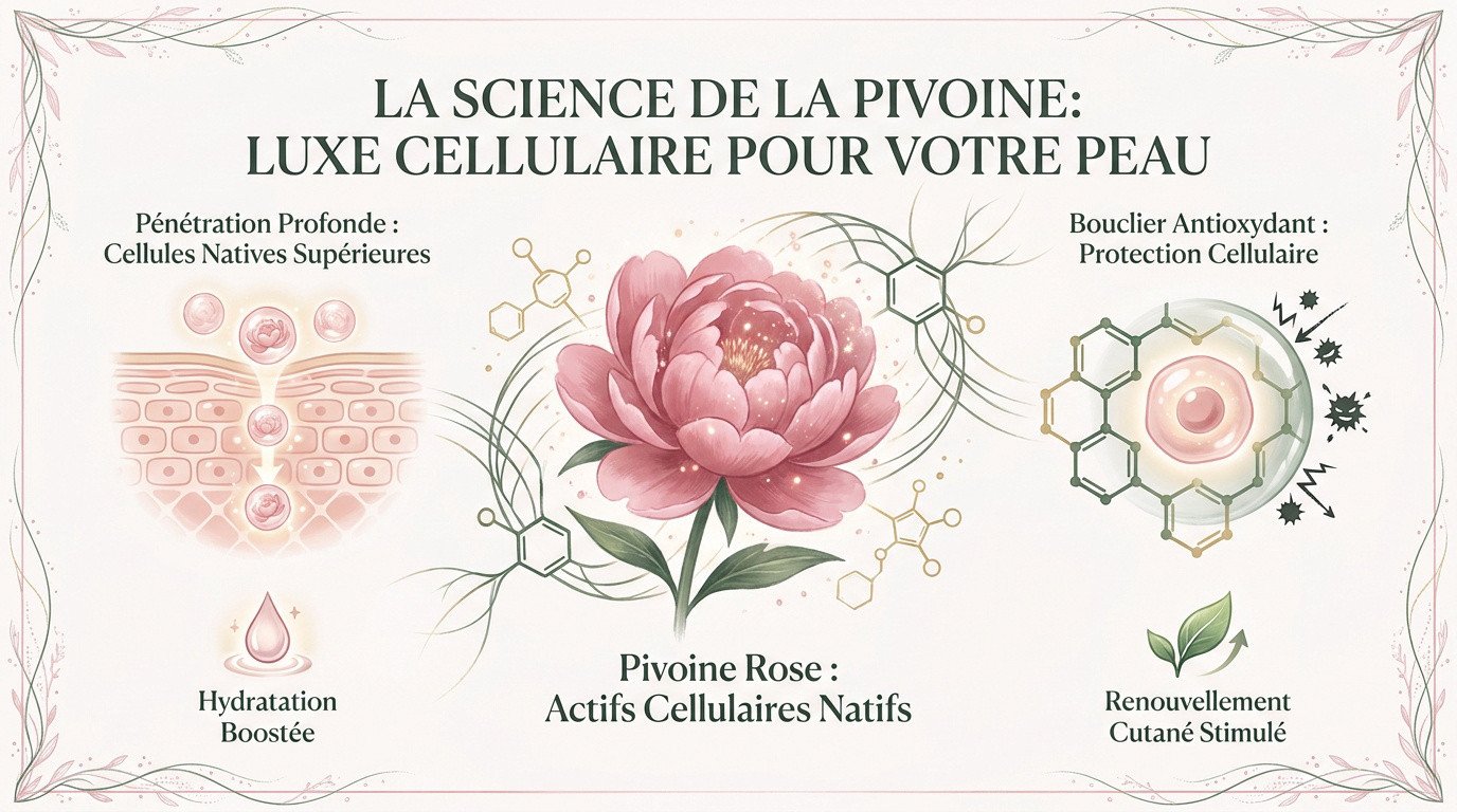 Gros plan sur une pivoine rose du Québec illustrant la science des extraits cellulaires cosmétiques