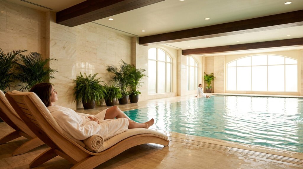 Une femme se relaxe sur un transat en bois au bord d'une piscine intérieure lumineuse dans un spa élégant.