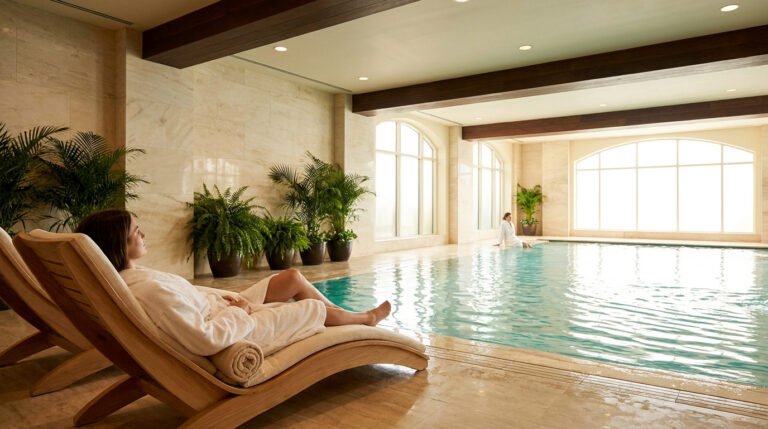 Une femme se relaxe sur un transat en bois au bord d'une piscine intérieure lumineuse dans un spa élégant.