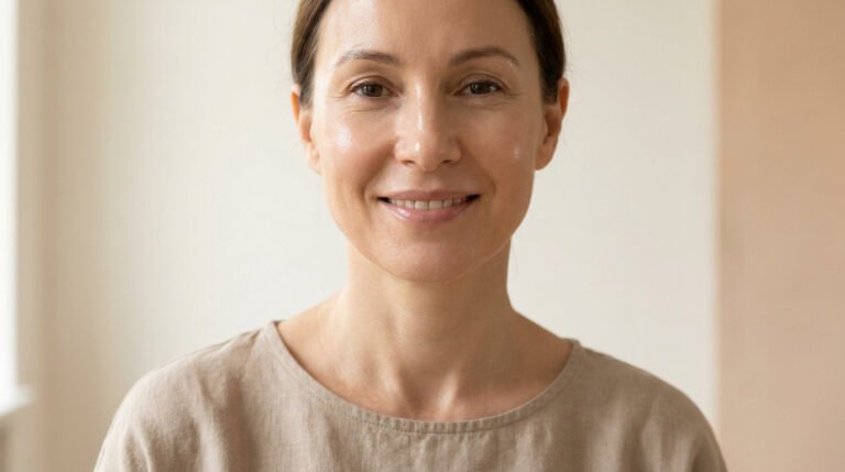 Gros plan d'une femme mature au visage souriant, à la peau claire et lumineuse, les cheveux attachés, portant un haut beige.