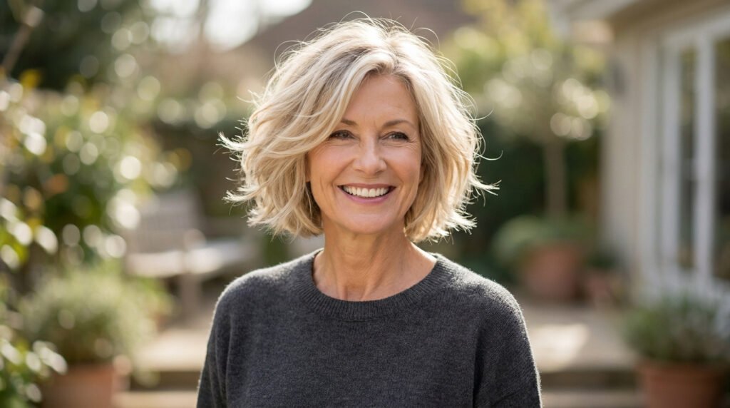 Femme de 50 ans souriante avec un carré dégradé blond volumineux en extérieur.
