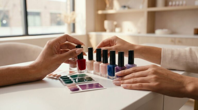 Une cliente et une esthéticienne choisissant une couleur parmi plusieurs flacons de vernis à ongles.