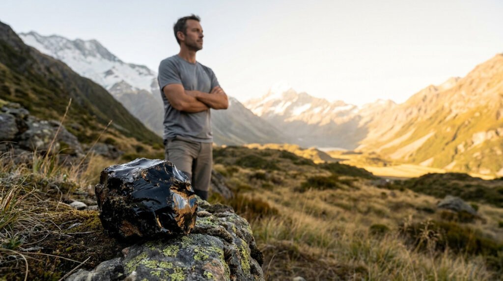 Une roche de shilajit sombre au premier plan, avec un homme contemplatif et un paysage montagneux enneigé en arrière-plan.