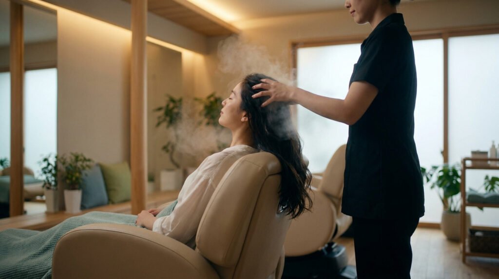 Une femme détendue reçoit un soin capillaire avec de la vapeur dans un salon de head spa japonais apaisant.