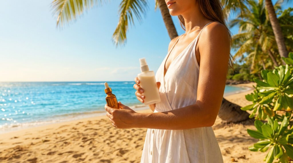 Femme sur une plage tropicale tenant un écran solaire en spray et un sérum hydratant. Mer, sable et palmiers au soleil.