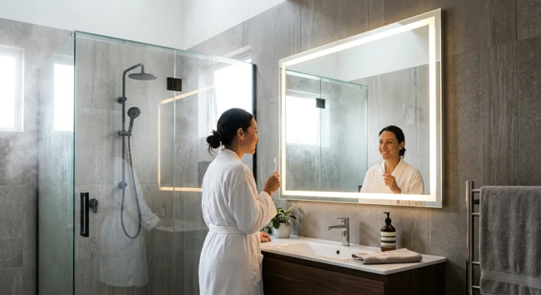 Une salle de bain moderne avec miroir anti buée lumineux sans buée après douce
