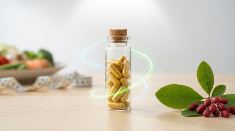 Flacon en verre contenant des gélules de berbérine entouré d'effets lumineux, avec des baies et un mètre ruban en arrière-plan.