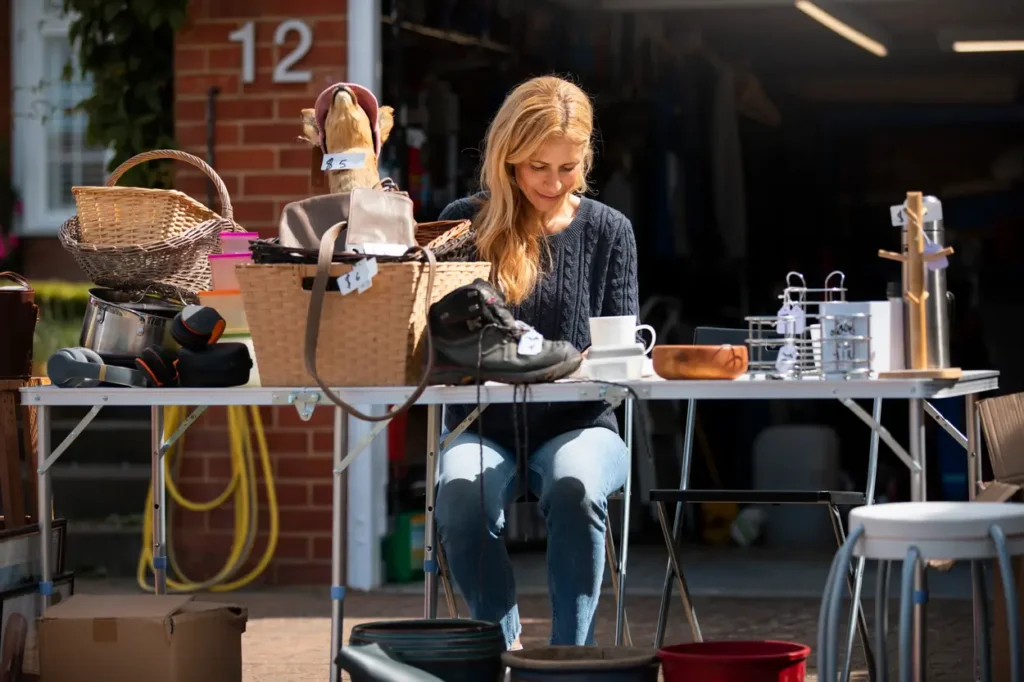femme vendant des affaires dans un vide grenier trouvé sur brocabrac