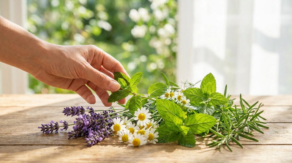 Une main touche délicatement un bouquet d'herbes aromatiques fraîches comme la menthe, la lavande et la camomille.