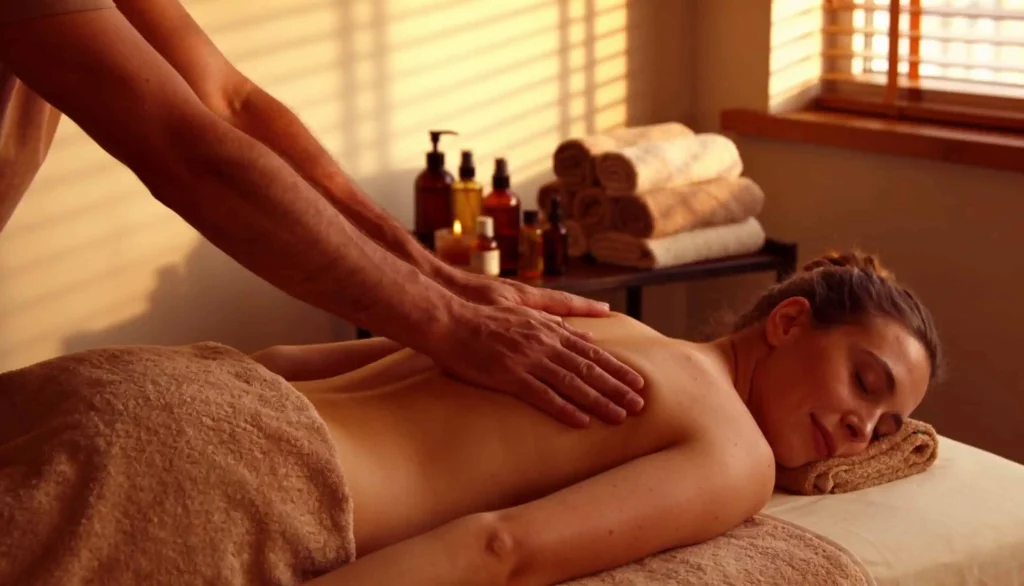 Couple pratiquant un massage body body à domicile dans une pièce décorée avec serviettes et huiles de massage