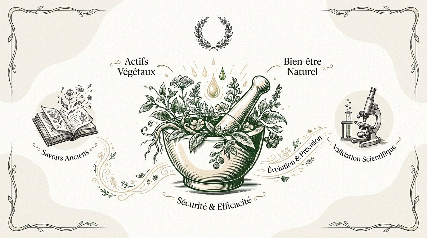 Illustration de la phytothérapie alliant tradition des plantes et rigueur scientifique moderne