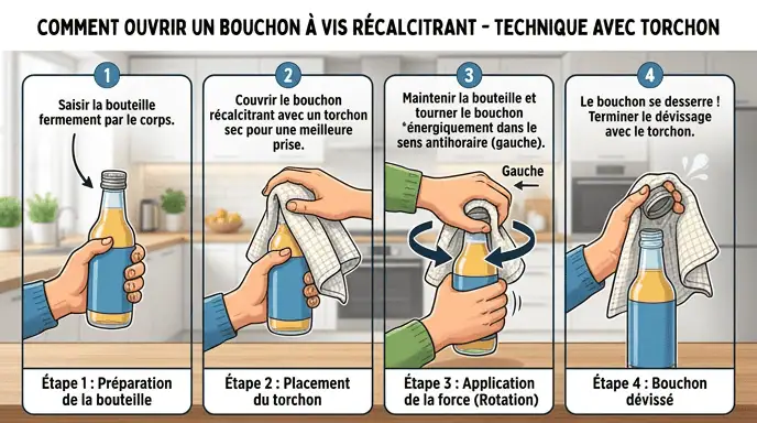 technique ouvrir bouchon vinaigre récalcitrant torchon rotation