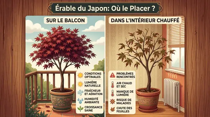 Érable du Japon balcon mi-ombre vs intérieur chauffé, besoins en lumière et température