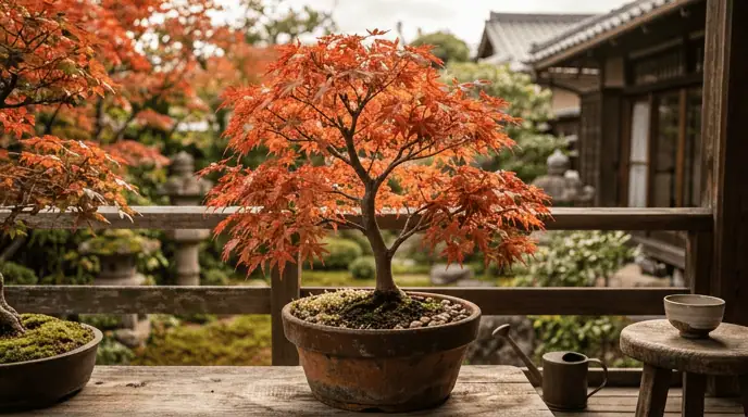 Érable du Japon en intérieur cultivé en pot sur terrasse, feuilles rouges Acer palmatum