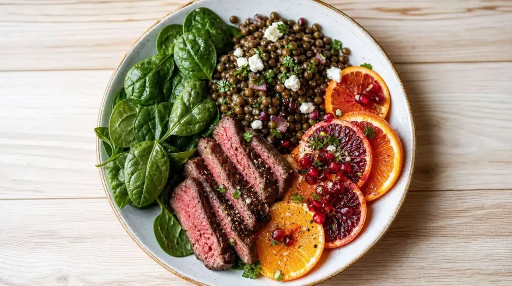 aliments source de fer variés dans une assiette équilibrée