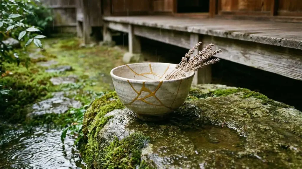 bol kintsugi doré et fleur fanée illustrant les principes wabi sabi