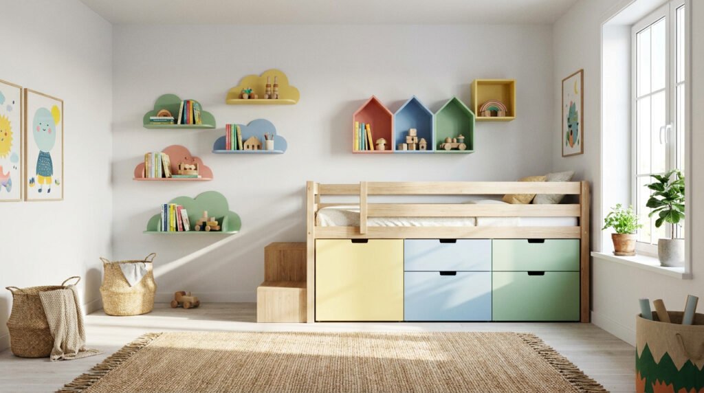 étagères murales enfant et rangement sous lit chambre
