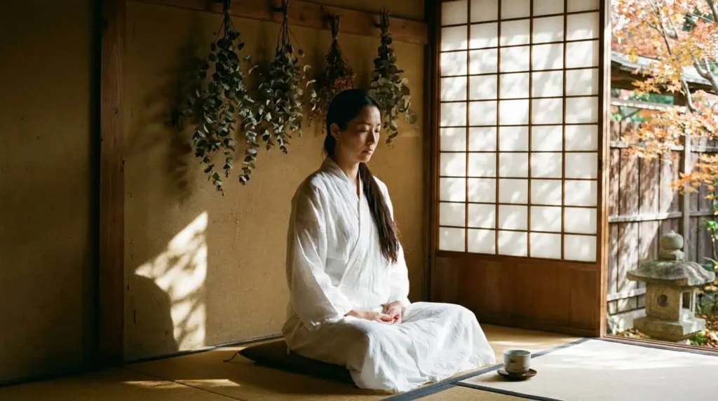 femme méditation espace wabi sabi lumière naturelle bien-être