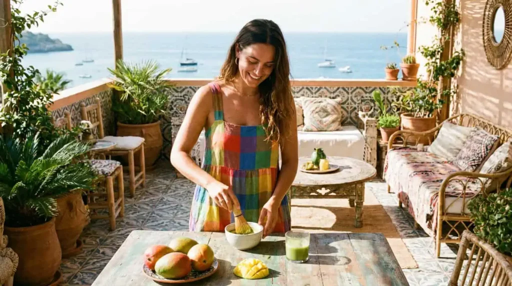 femme prépare matcha mangue en vacances sur terrasse ensoleillée