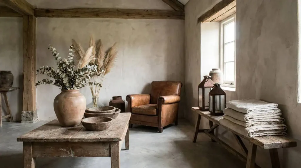 intérieur wabi sabi désencombré objets patinés et plantes séchées