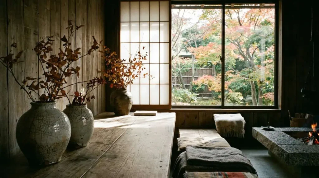 intérieur wabi sabi style avec poterie brute et bois naturel
