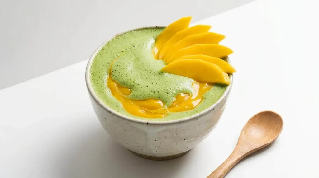 matcha mangue latte crémeux dans un bol blanc avec tranches de mangue fraîche