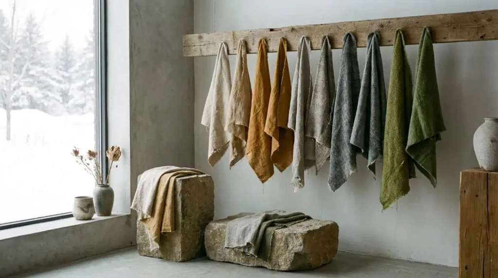 palette couleurs terreuses wabi sabi beige ocre gris vert mousse